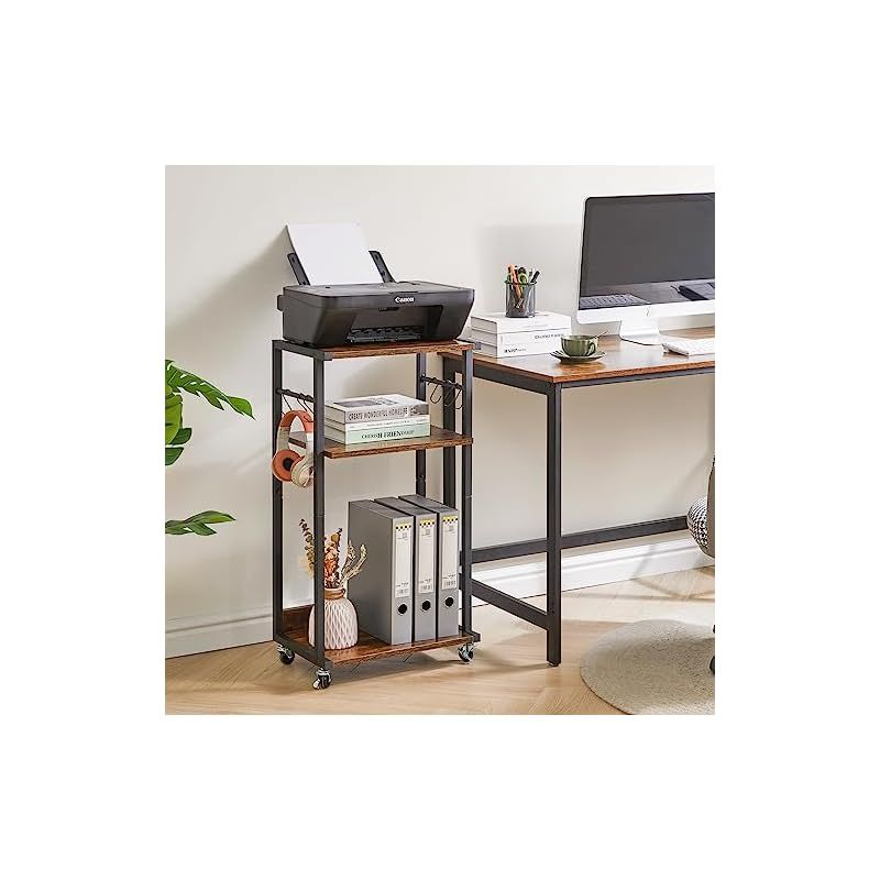 YMYNYモバイルプリンタスタンド 3段プリンタテーブル 木製ラック付きカート 落下防止パネル 高さ調整可能 プリンタキャビネット 360回転キャスターと調整可能な足付き収納棚は ホームオフィ