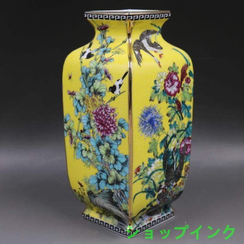 清乾隆黄地琺瑯彩花鳥四方花瓶 景徳鎮 陶磁器 装飾品 現代工芸品