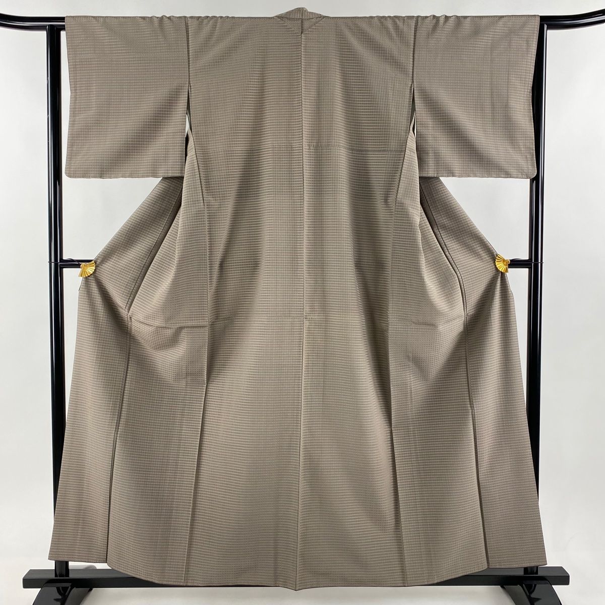 紬 身丈157.5cm 裄丈62.5cm S 袷 格子 灰緑 正絹 名品