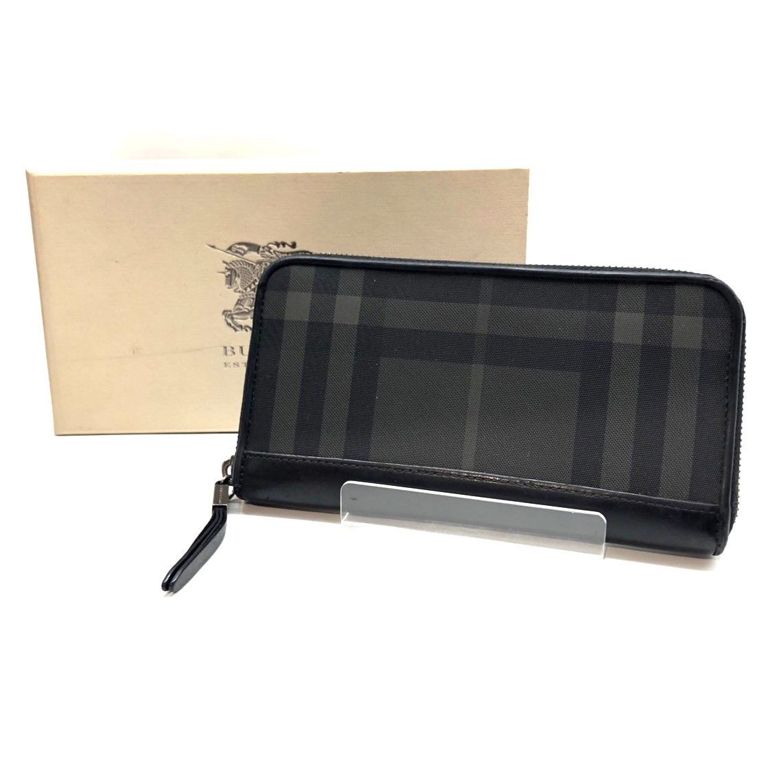 BURBERRY バーバリー 長財布 3884889 1 ウォレット レザー チェック柄 ブラック チャコール メンズ 006346