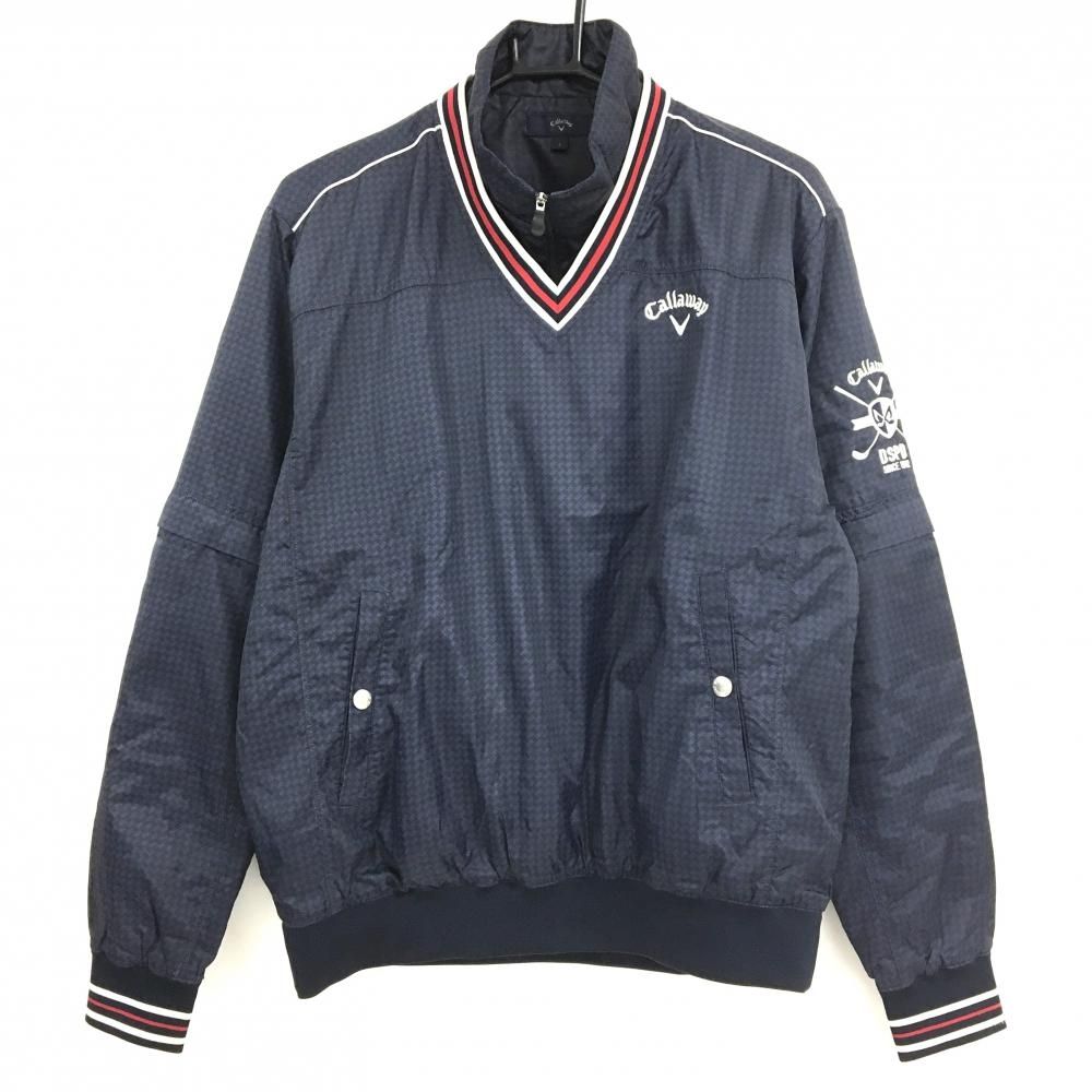 キャロウェイ 4WAY中綿ジャケット ネイビー×黒 総柄 ブルゾン ネック 袖着脱可 メンズ L ゴルフウェア Callaway