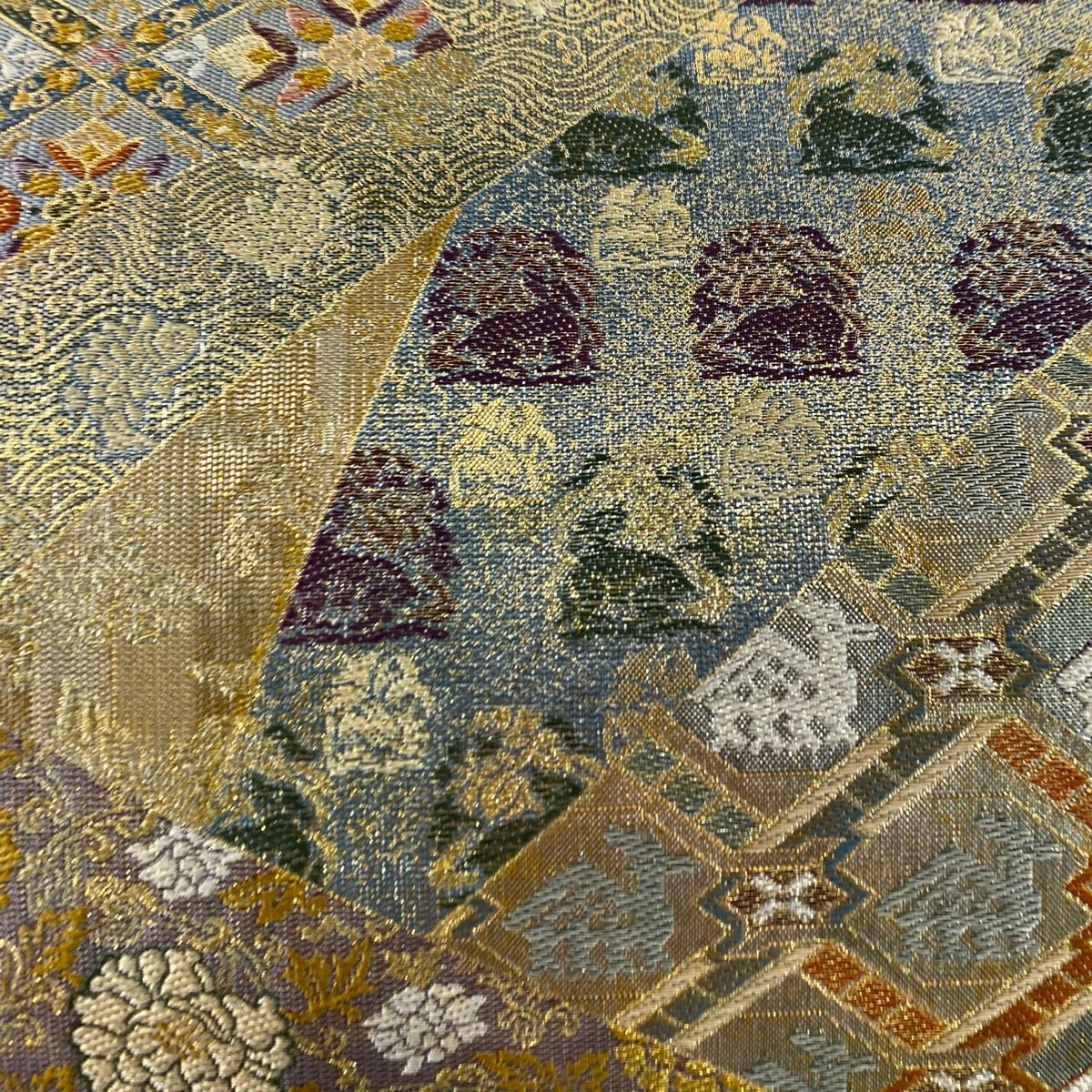 丸帯 正倉院名物裂集成 青緑 六通 正絹