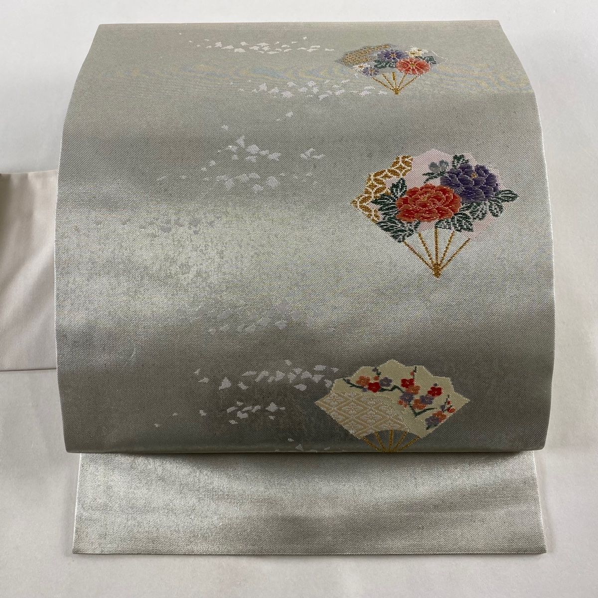名古屋帯 美品 優品 扇 草花 金糸 箔 銀色 正絹 【中古】 袋