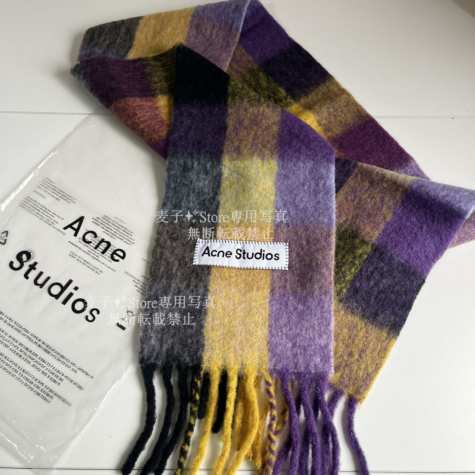 新品】 Acne Studiosアクネ ストゥディオズ マフラー モヘアチェック スカーフ パープル/イエロー/ブラック - メルカリ