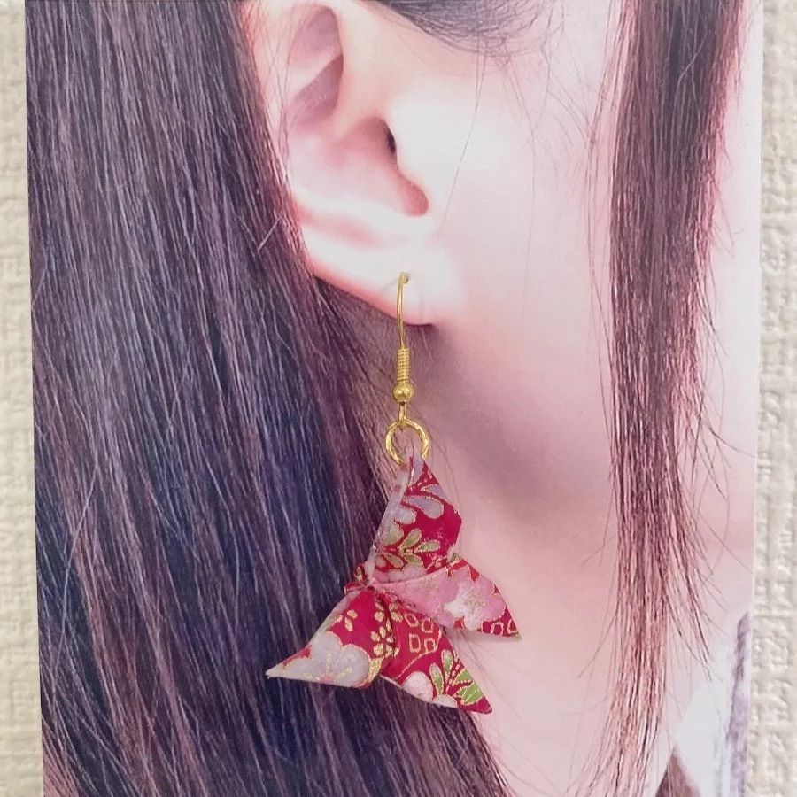 No.42 蝶 桜×赤 和風 ハンドメイド ピアス - メルカリ