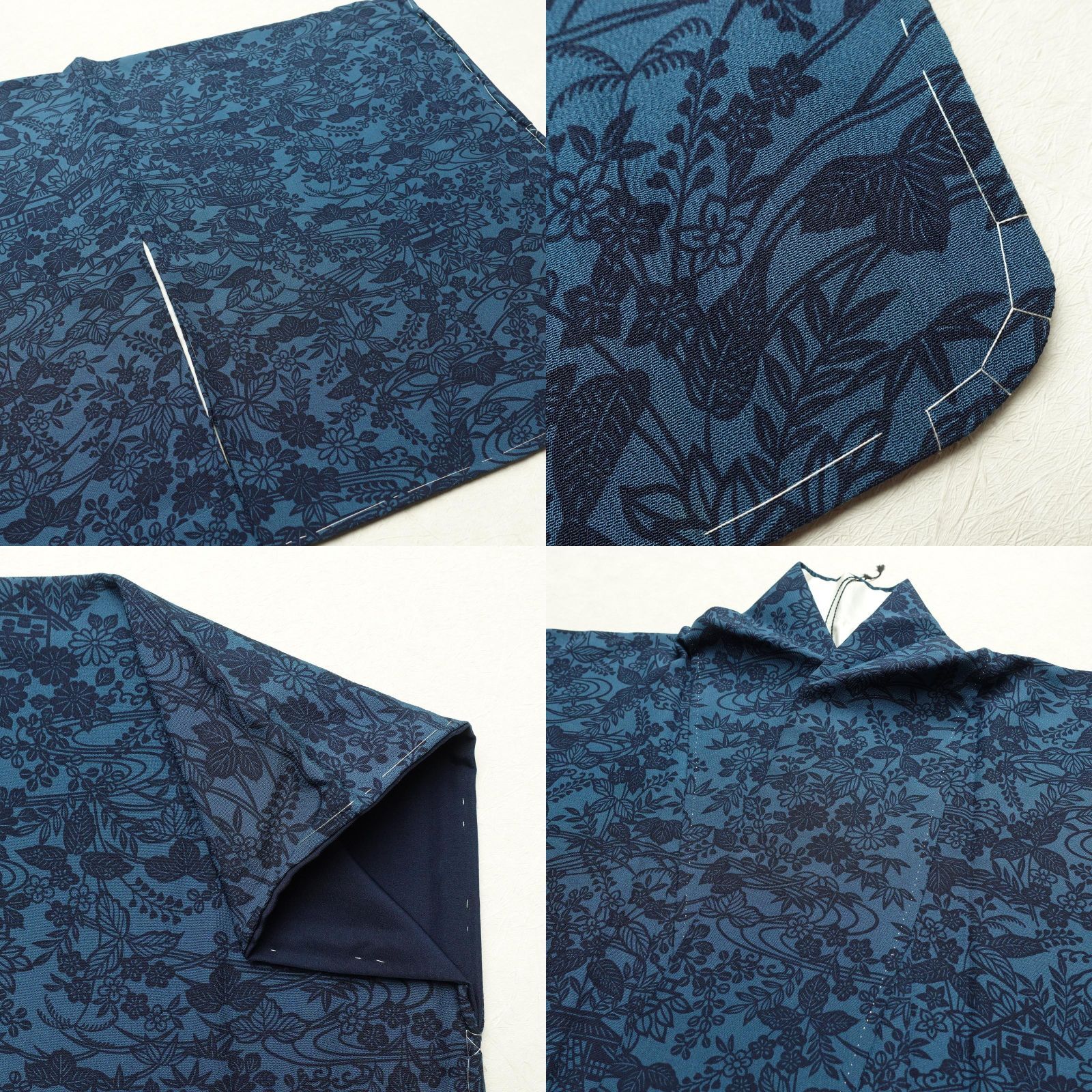 未着用 小紋 夏用 絽 扇 蝶 桔梗 八重桜 菊 ネイビー 着物 053a d （未  