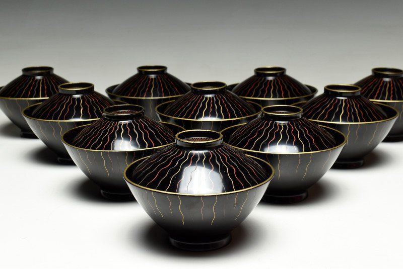 蔵A2300a 木製黒塗縁金 吸物椀 汁椀 十客