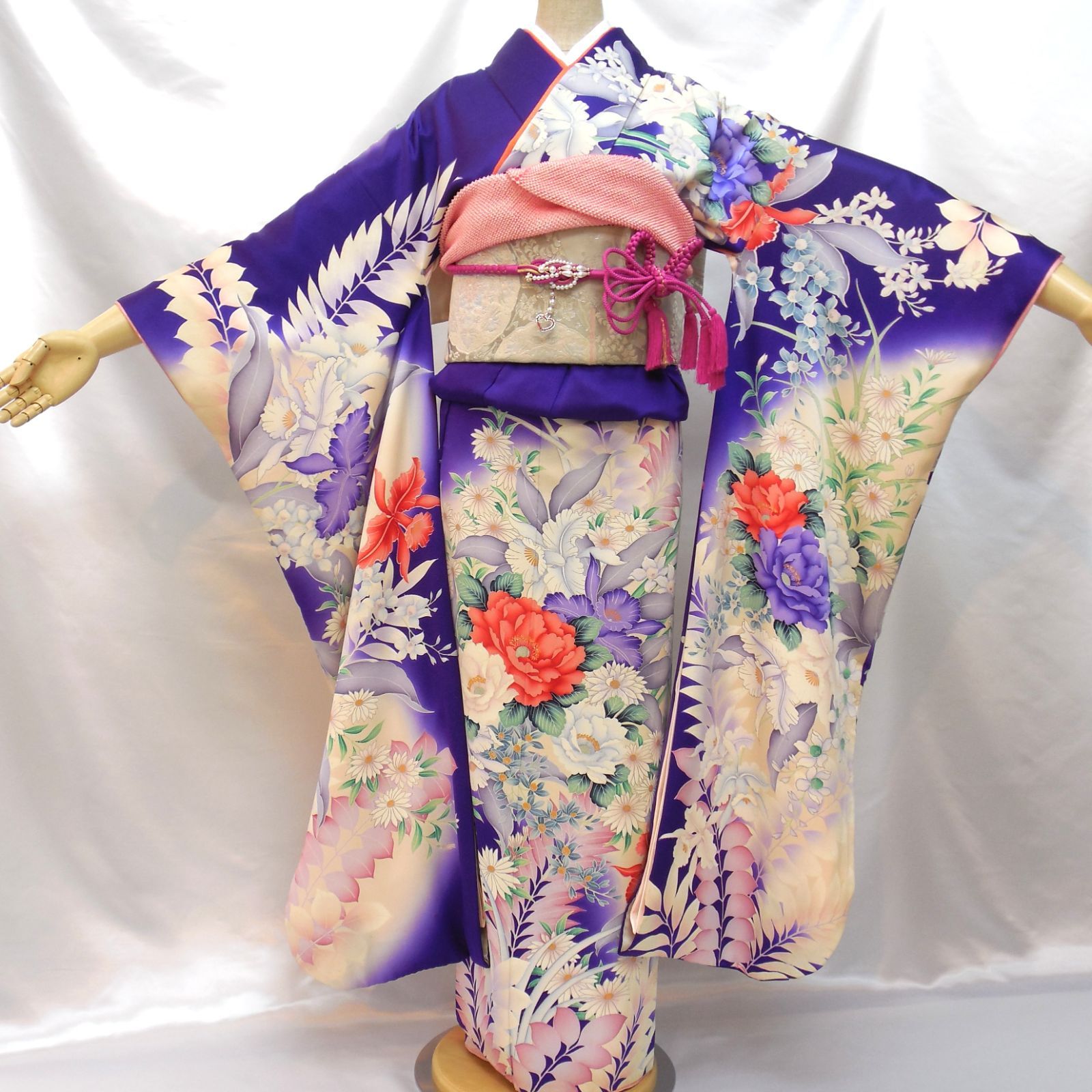 美品☆振袖フルセット 正絹 成人式 振袖 7点セット Mサイズ 水色 花柄