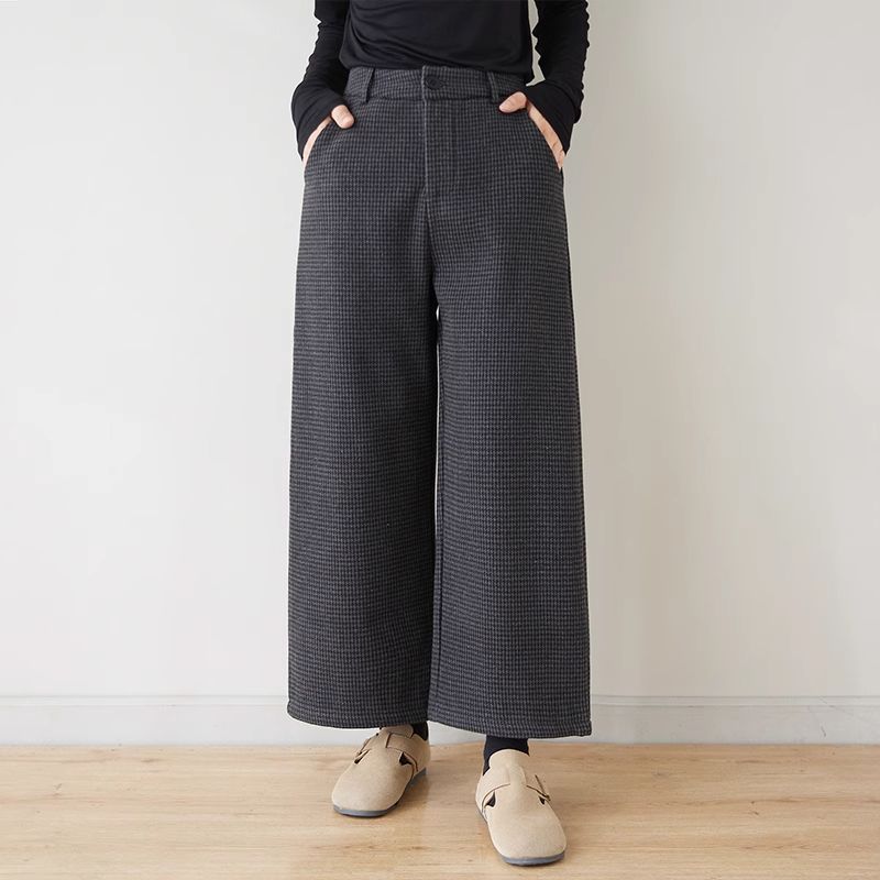 モード系　千鳥格子　綿　冬　プラスベルベット　ストレートパンツ 　ハイウエスト　9分丈　ワイドレッグパンツ