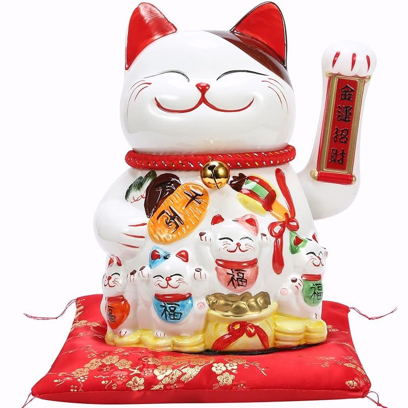 EnergyPower 電動招き猫 陶器製 25センチ大型プレミアムモデル 座布団付 まねき猫 手描き ハンドメイド かわいく手招きします 乾電池式 開店祝いや開業祝いに喜ばれます 自動で腕を振ります ラッキーアイテム 運気向上 金運アップ 商売繁盛