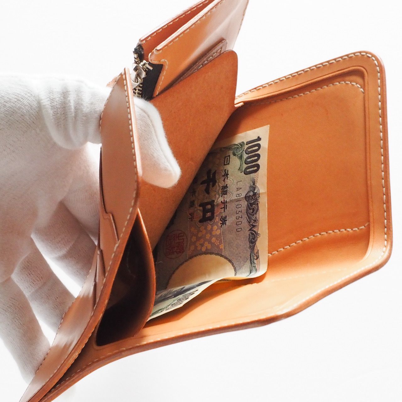 読谷山花織ハーフウォレット 革の二つ折り財布 ヌメ革 沖縄  