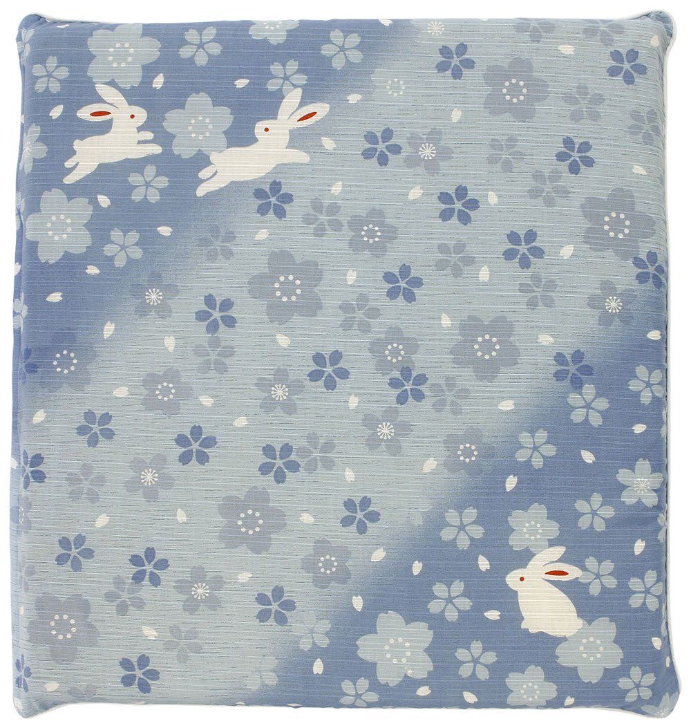 新品 メリーナイト(Merry Night) 座布団カバー 「桜うさぎ」 ブルー 銘仙判 約55×59cm ファスナー式 綿100% 裏表同じ柄 和室 和テイスト 洗える オールシーズン Z201-72