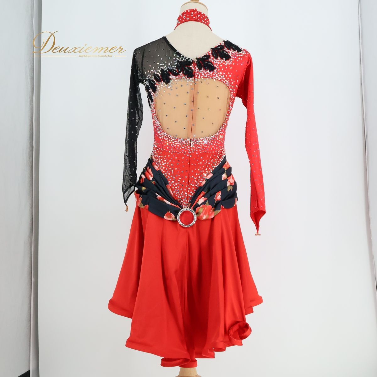 【社交ダンス衣装】レッド 白樺ドレス ラテン ドレス ワンピース 赤 黒 花柄 デモ 競技用 フリル レース ダンス用 ビジュー 社交ダンス衣装】レッド 白樺ドレス ラテン ドレス ワンピース