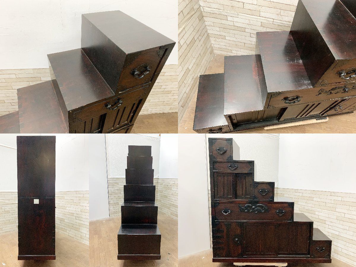 民芸調 時代物 両面箪笥 階段箪笥 6段 小物入れ 和家具 アンティーク 装飾金具 整理箪笥 引き出し 畑1102 MARWIL-DEMENAGEMENTS_CH