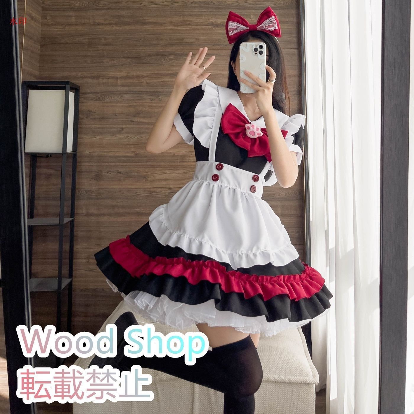 カワイイメイド服 コスプレ ロリータ ハロウィン コスプレ衣装 コスチューム ゴスロリ ドレス ワンピース 仮装 レディース クリスマス イベント 学園祭 文化祭 日常 レッド コレクション 撮影 メイドカフェ メイド喫茶 4点セット