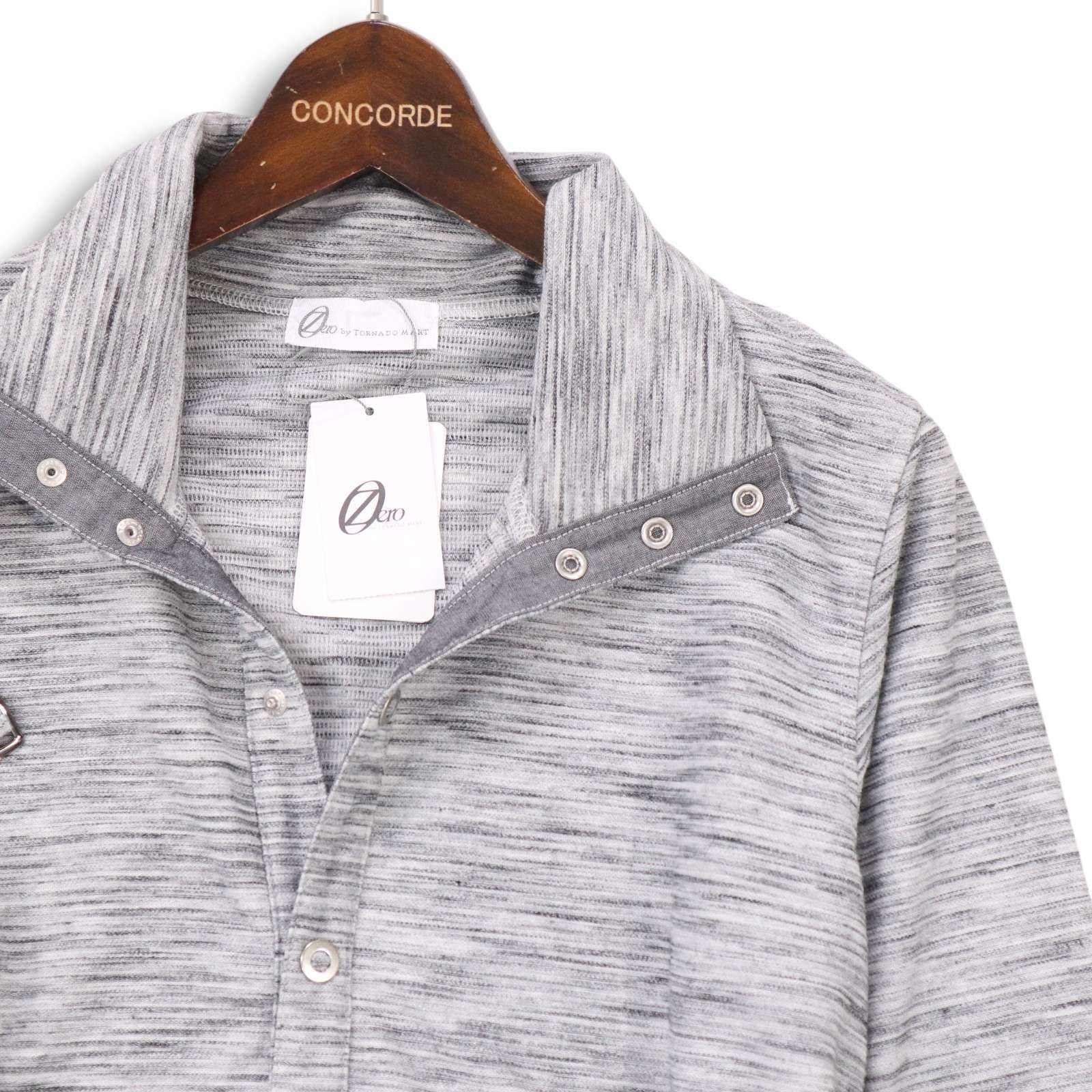 【新品 未使用】 Zero by TORNADOMART トルネードマート 春夏 マーブル調 スタンドカラー 7分袖 シャツ Sz.M メンズ 灰