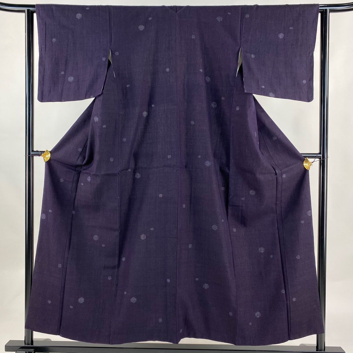 結城紬 身丈154cm 裄丈64cm M 袷 本場結城紬 証紙 亀甲絣 幾何学模様 濃紫 正絹