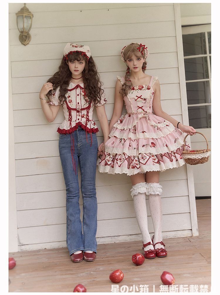 2025新品 重工刺繍プリント リンゴ園テーマ ロリータスカート