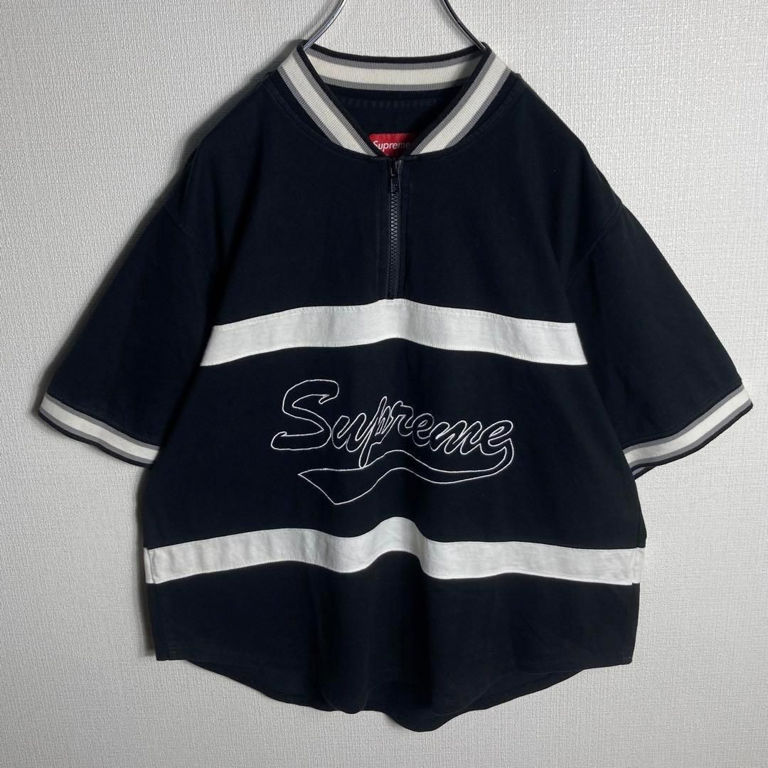 人気Lサイズ】シュプリーム ビッグ刺繍ロゴ ハーフジップ T