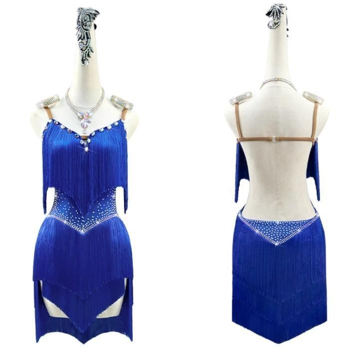 社交ダンス衣装　ラテンワンピースドレス　羽毛 豪華 ダークブルー オーダーメイド 社交ダンス衣装 ラテンワンピースドレス 羽毛 豪華 ダークブルー