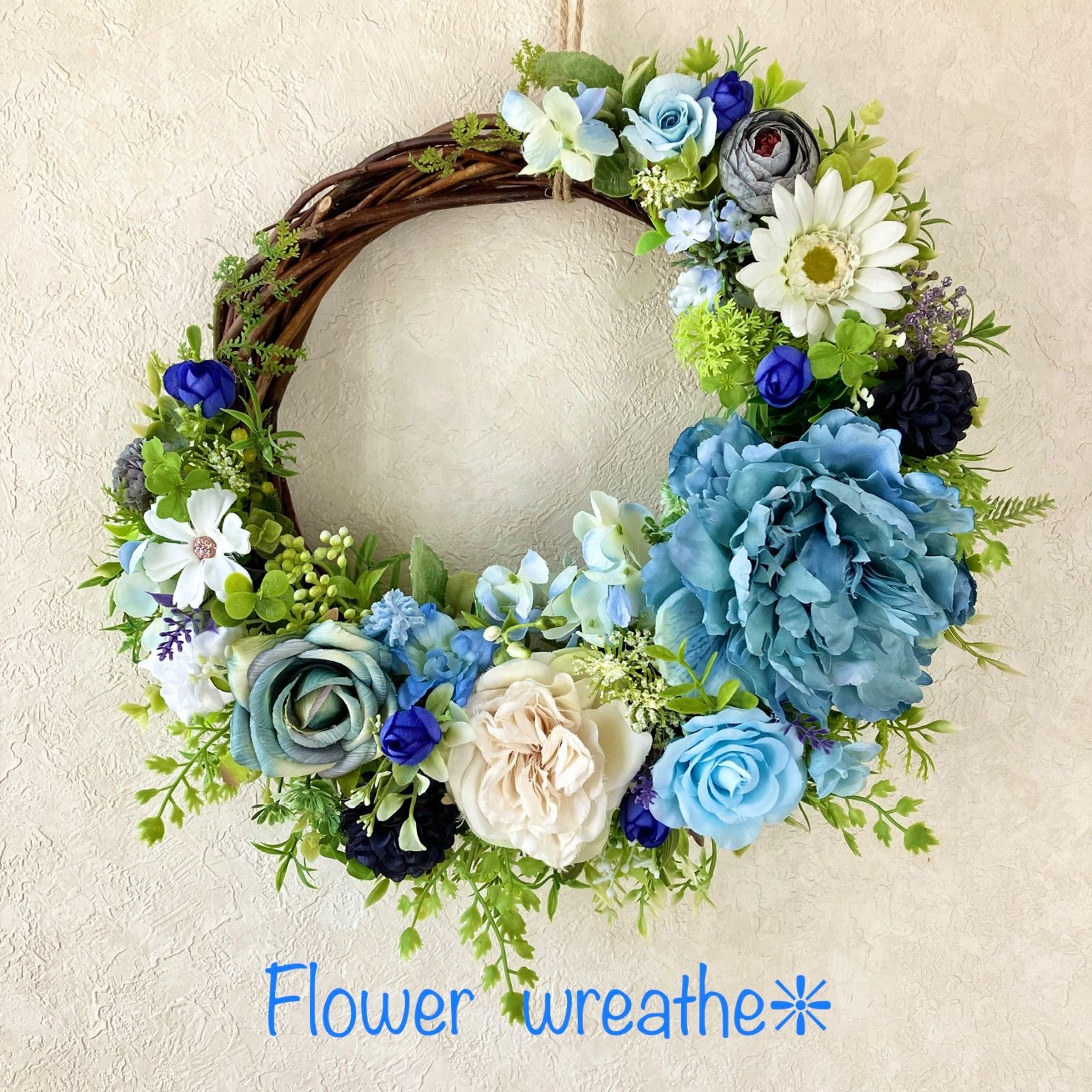 ❇︎フラワーリース❇︎blue❤️36cm☆フラワーアレンジ☆玄関リース  