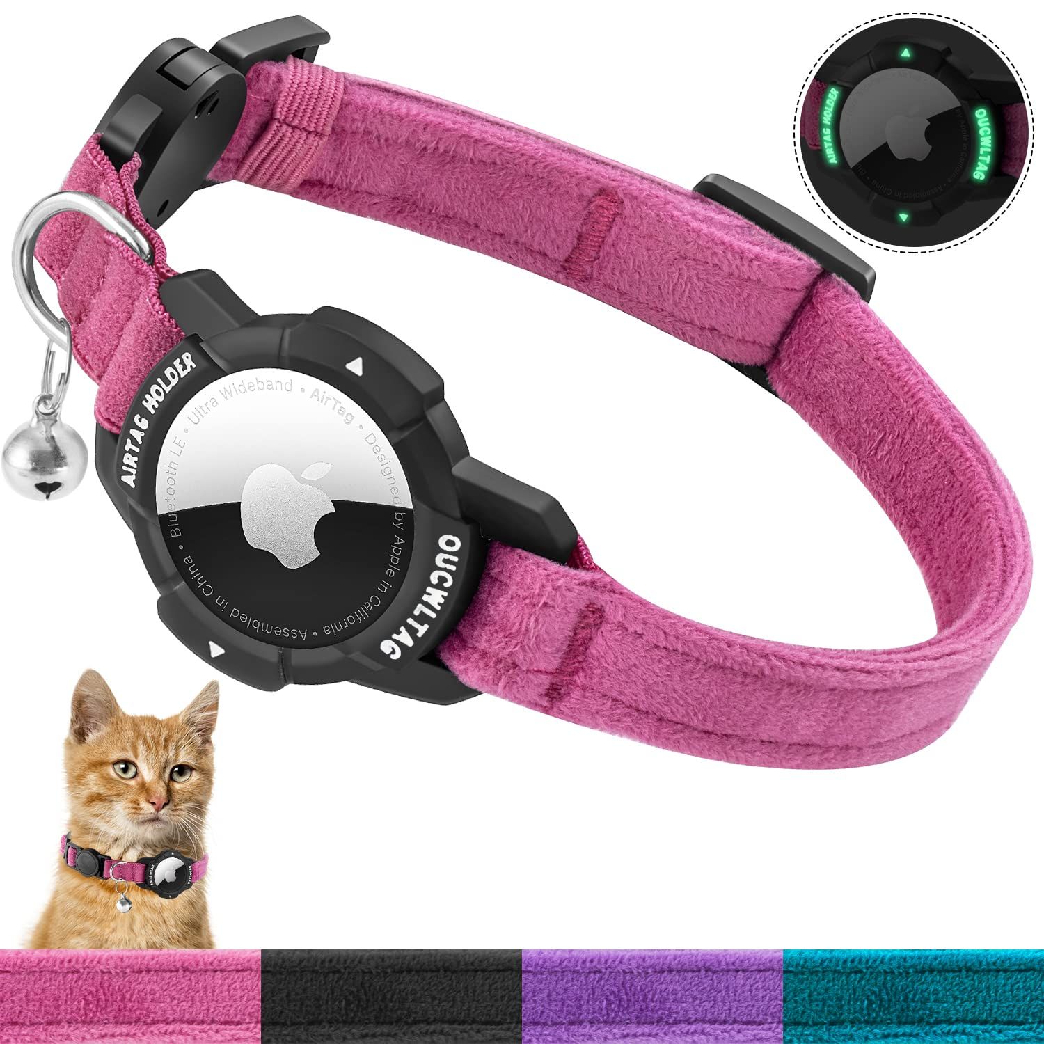 OUCWLTAG ルミナス AirTag 猫 首輪 分離 OUCWLTAG GPS 猫 首輪 Apple Airタグホルダー付き 猫 トラッカーカラー 安全ゴムバンド付き 女の子 男の子 猫 子猫 子犬 (9~13インチ ピンク)