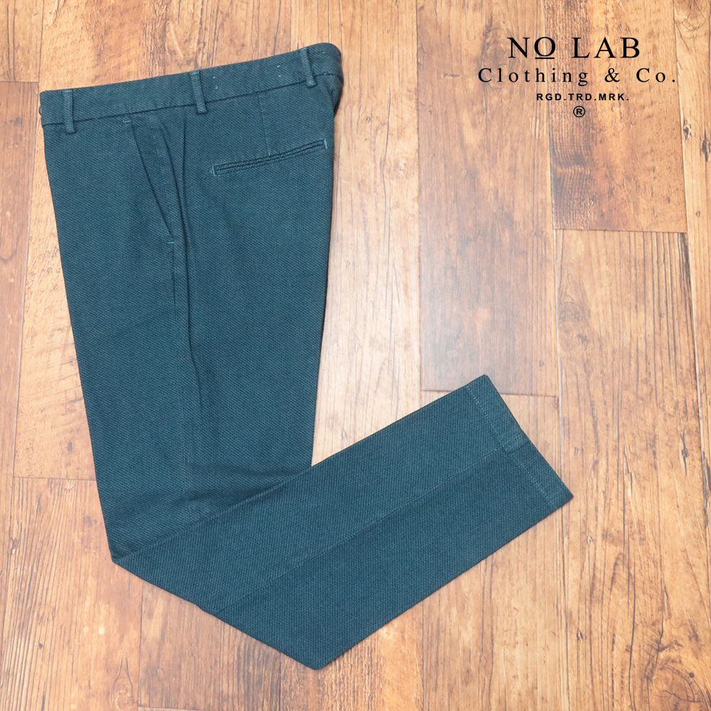 秋冬 NO LAB Clothing＆Co. 34インチ 美脚パンツ 綿ストレッチ ツイル織り 無地 ガーメントダイ イタリア製 青緑 グリーン md185