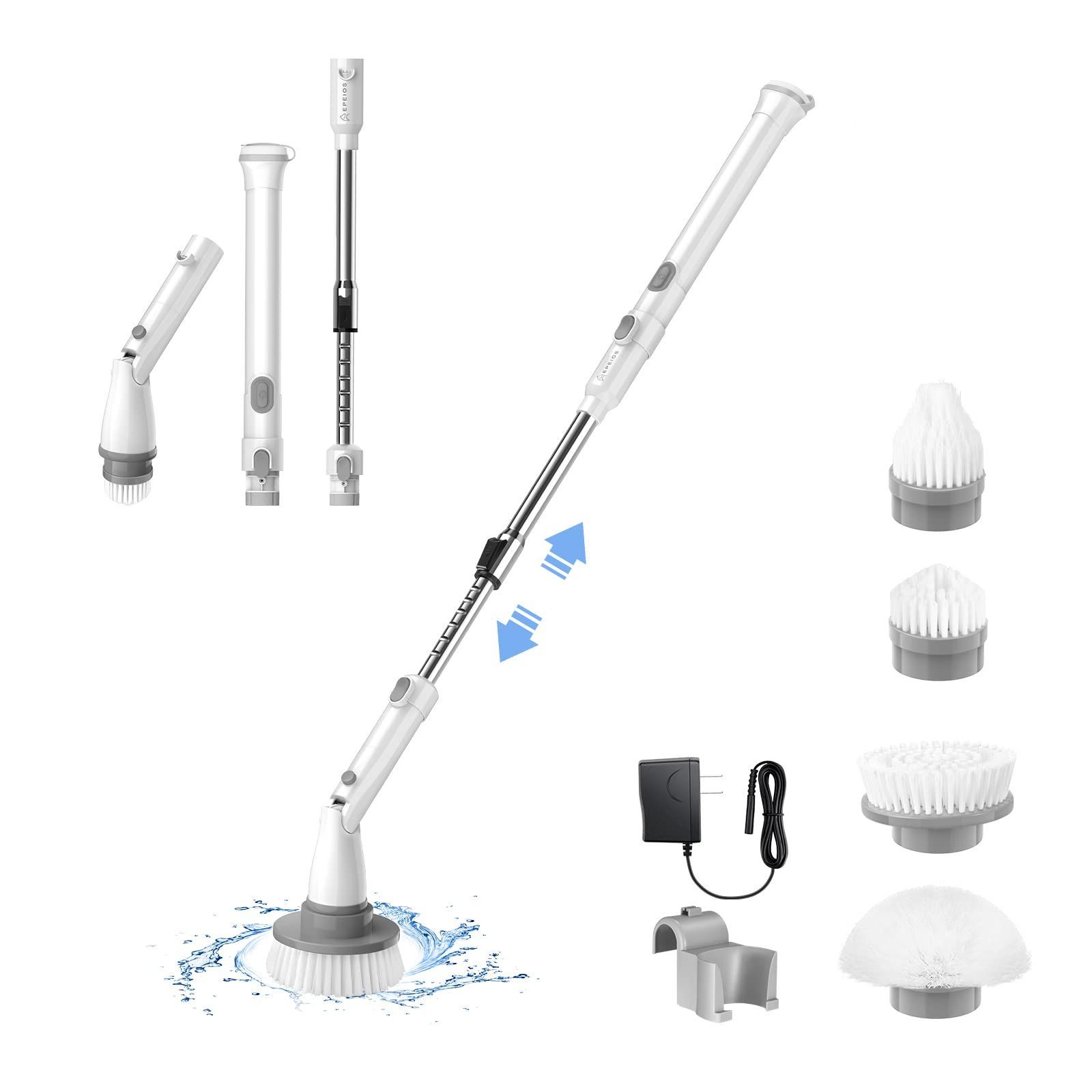 ブラシ 防水 お風呂掃除 スティック-ハンディク デッキブラシ 大容量電池 長さ伸縮 角度調節 手持ち式 充電式 4つ取り替えブラシ付き ターボプロ 操作便利 電動お掃除ブラシ トイレ掃除|床|窓|おふろ|車|ベランダ|玄関の掃除|年末掃除 コ