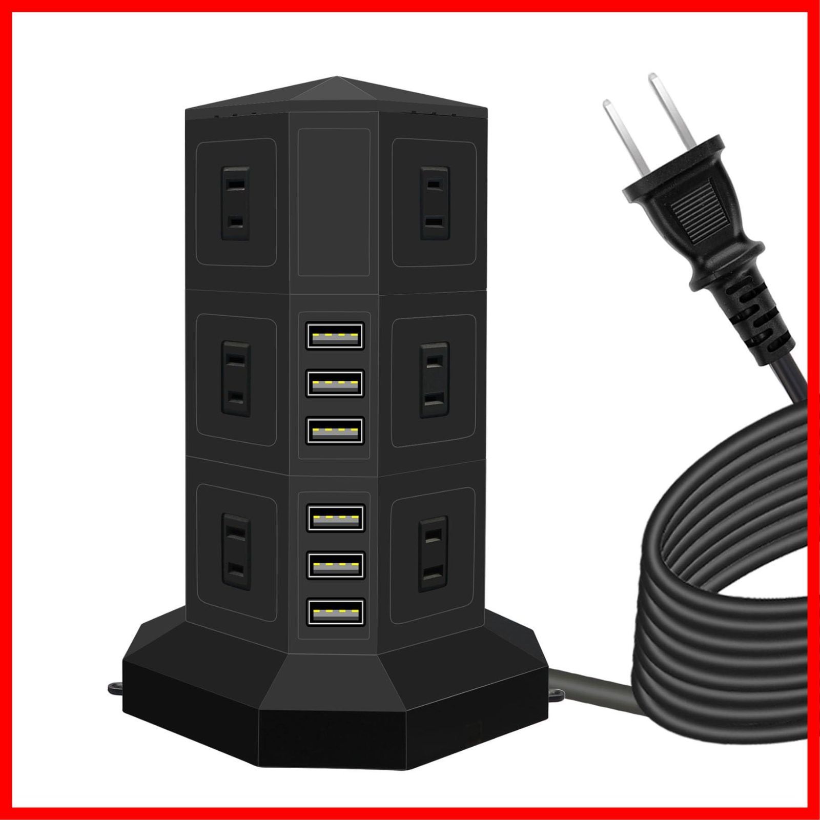 【特価商品】(3層 ブラッグ 3段 掛ける可能 黒) 急速充電 約3ｍ 12個コンセント 6個USB 電源コードタワー式電源タップ JIACHAN