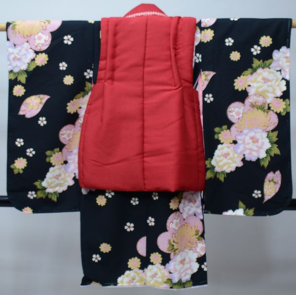 七五三 三歳 女児 被布着物フルセット 夢想 合繊 被布に刺繍 赤×黒 