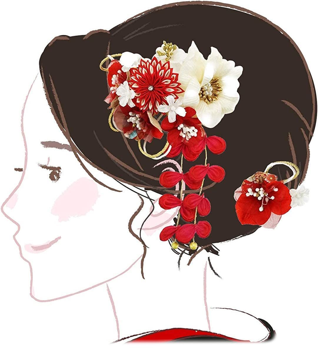 【在庫処分】2点セット kk-352 赤 レッド 髪飾り ホワイト 花 かんざし ちりめん つまみ細工 コーム型 振袖 [京都うさぎ堂] 成人式 卒業式 結婚式 七五三 袴 和装
