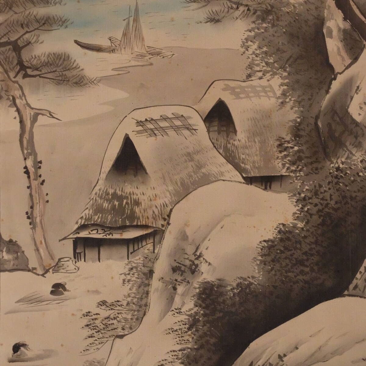 真作保証 川端玉章 軸「山陰漁村図」署名・落款入 画面:1085