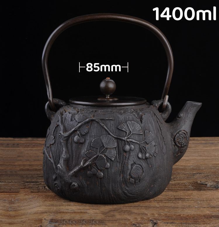 未使用 鉄急須 1400ml 銀杏 鉄瓶 鉄器 鉄器 鉄製 急須ホイッスルケトル 鋳鉄ティーポット 和風 ストーブセーフケトル 鉄製ティーポット IH 直火 対応、111