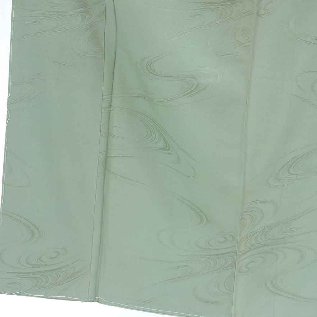 色無地 身丈155cm 裄64cm 前幅24cm 後幅29.5cm 袖丈49cm 袖幅32cm レディース 袷 無地 裄Mサイズ 秋冬春用 正絹 シルク グリーン リメイク リユース リサイクル 呉服のきくや