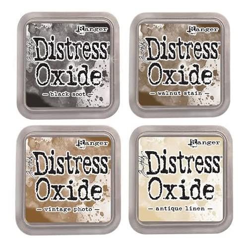 Tim Holtz Ranger Distress Oxideインクバンドル - 3インチ x 3インチのパッド4個 E 黒すす ウォールナットステイン ビンテージ写真 E ブラックスート ウォールナットステイン ビンテージ写真 アンティークリネン