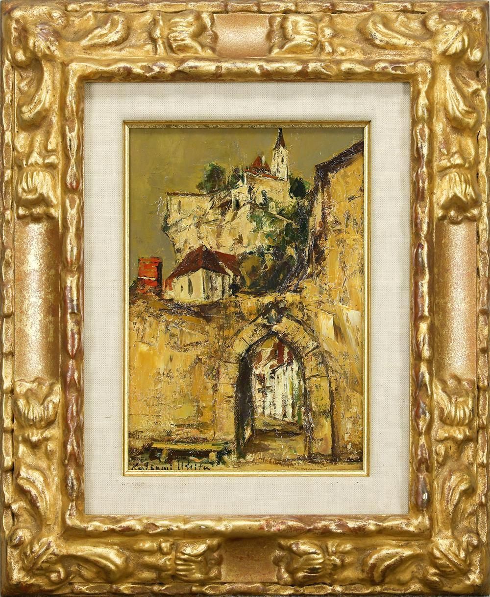 真作 WISH 浮田克躬 ドルドーニュの城門 油彩 SM 重厚マチエール 歴史薫る石壁の街名画 〇物故巨匠 日展評議員 25102237