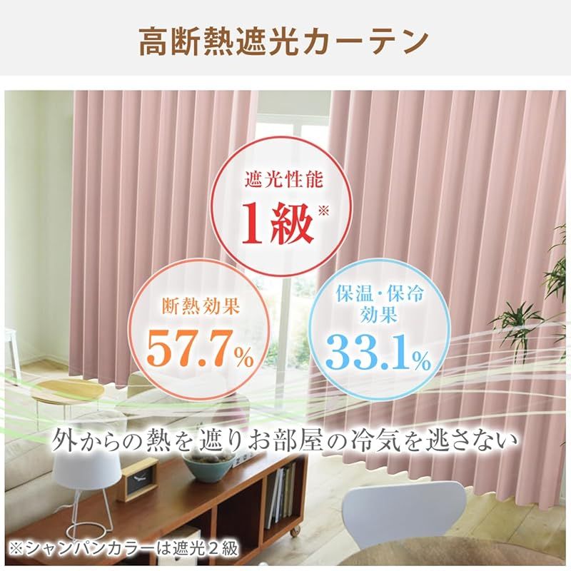 カーテンくれない 1級 遮光カーテン K-wave-D-plain 防炎 ラベル付 40色×140サイズ 2枚組 節電対策に 保温 保冷 断熱 遮熱 ストロベリーミルク 幅100×丈185cm