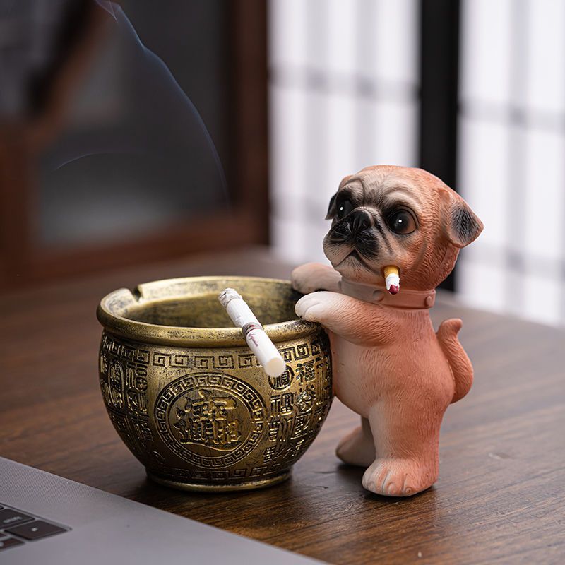 黄色の小さな犬の灰皿、オフィスやリビングにぴったりのかわいい置物