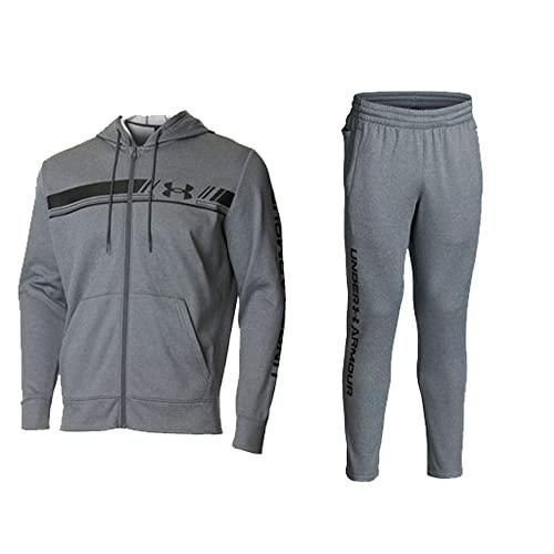 アンダーアーマー(UNDER ARMOUR) フリース 帯ロゴ フルジップ フ―ディー パンツ 上下セット メンズ （1375509/1375510） ピッチグレー(012/012) Lサイズ