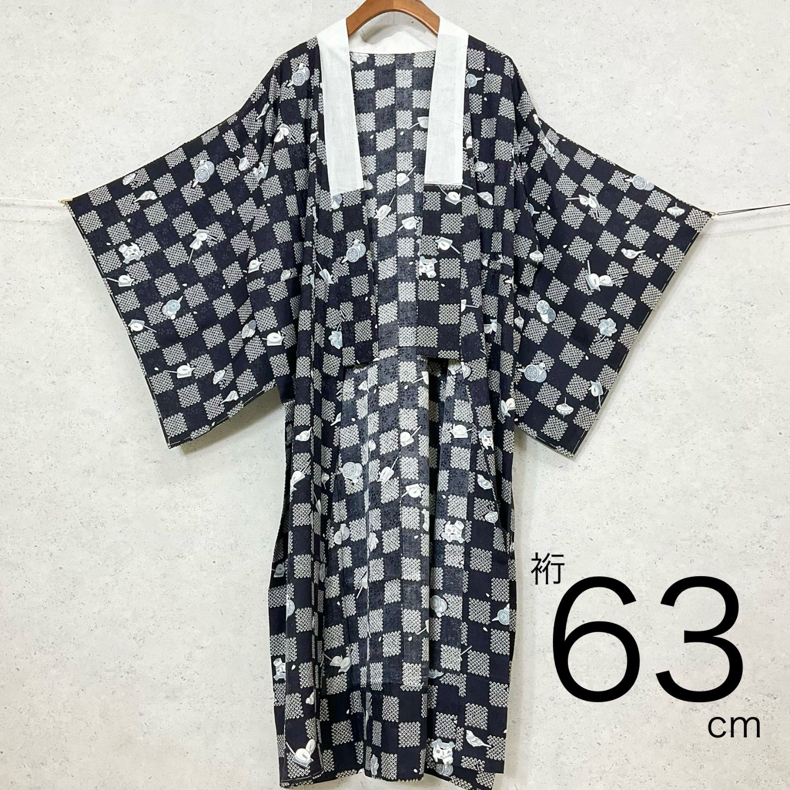 kimono+one◆未使用同然◆長襦袢◆仕付け糸付き◆兎うさぎ単衣◆黒◆SOMEnoOUMI謹製◆市松模様◆衣紋抜き付き◆裄63肩丈122.5◆小紋紬附下訪問着留袖袷単衣夏着物◆K1135