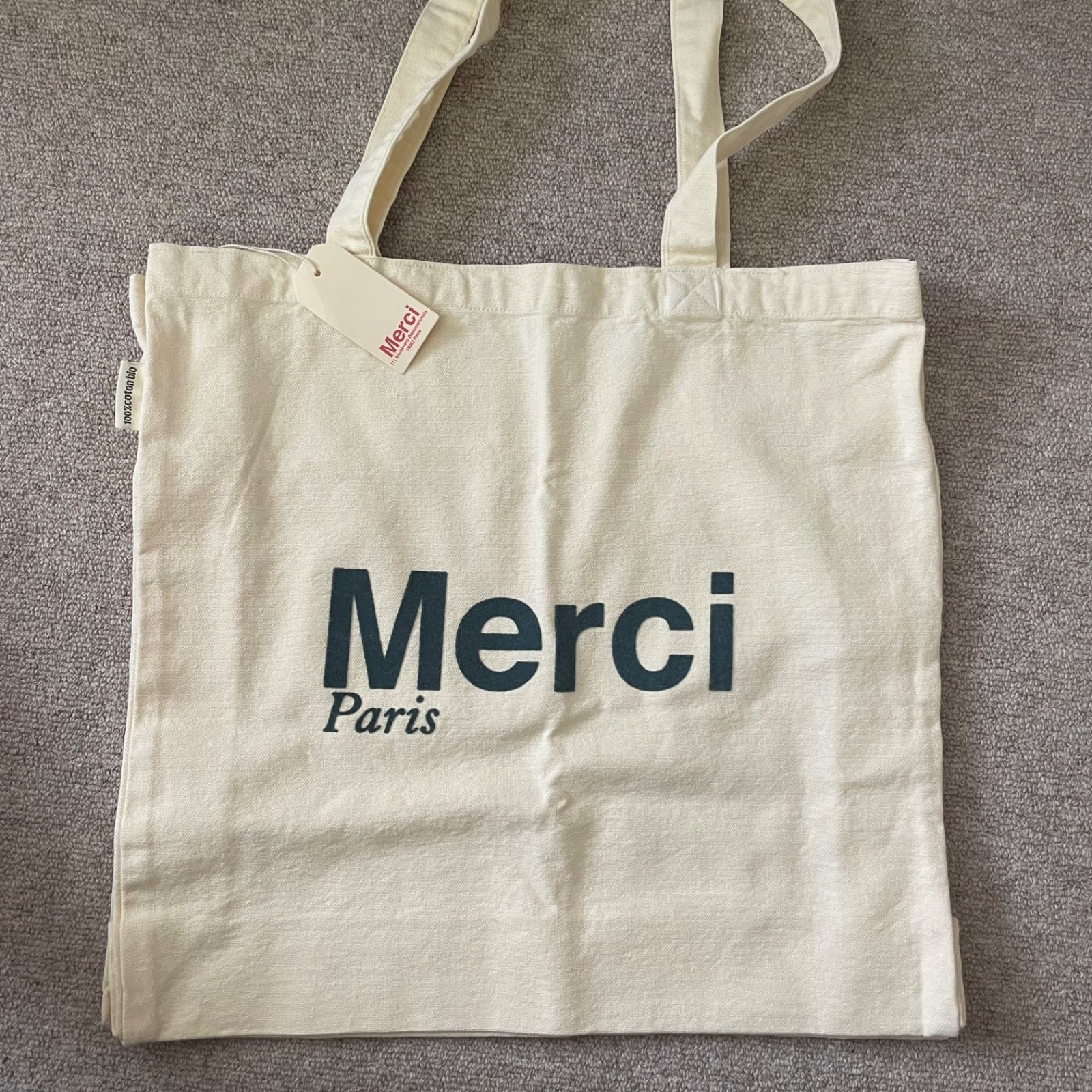 パリ限定】メルシー merci トートバッグ マレ地区 ホワイト 濃い緑