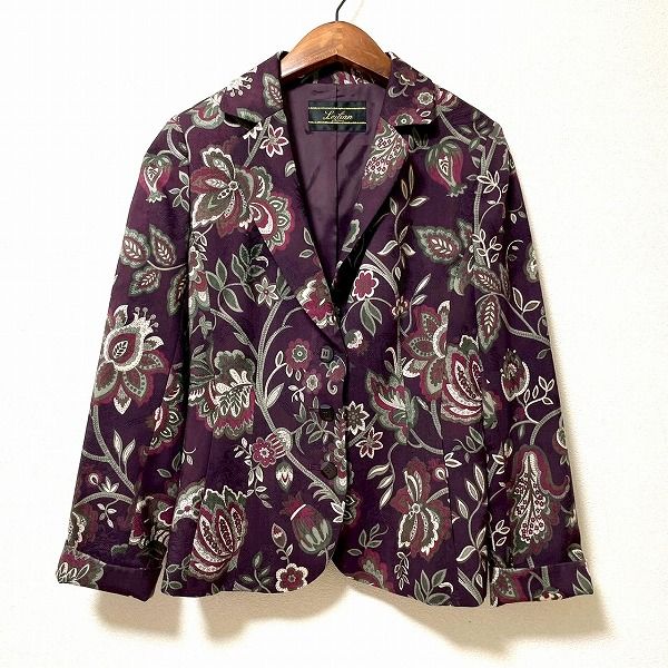 anc レリアン Leilian ジャケット 9 ボルドー シルク混 植物柄 レディース 945828