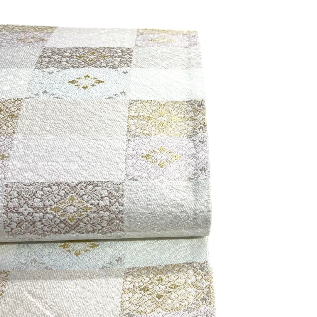未着用　袋帯　市松　菊　花模様　花菱　パステルカラー　着物　034a d 袋帯 市松 花菱 変わり市松 金糸 銀糸 パステルカラー 着物 103b d