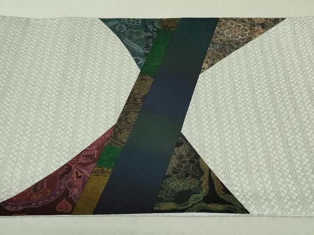 平和屋着物○太鼓柄袋帯 切嵌更紗花横段文 銀糸 正絹 逸品 DAAT7656ob