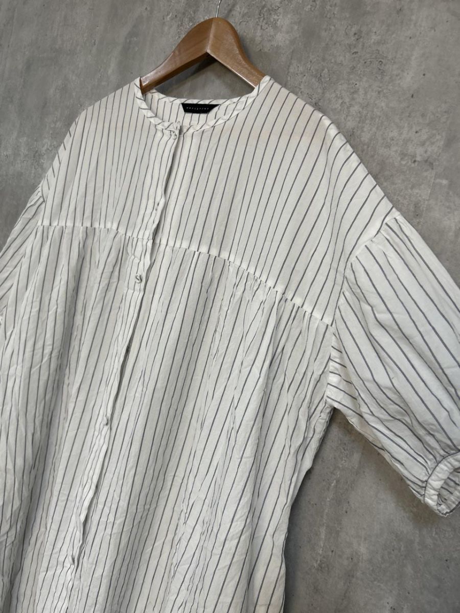 オオカミとフクロウ 半袖 ストライプ ロング シャツ ワンピース 白 ◆◎レディース