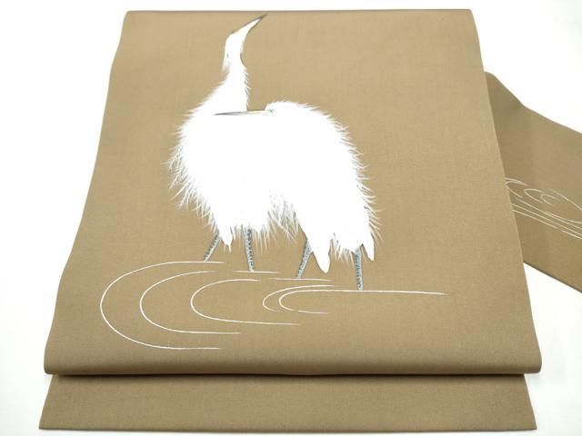 平和屋着物●塩瀬　九寸名古屋帯　手描き　鷺　正絹　逸品　CAAY2783hy 平和屋着物○塩瀬 九寸名古屋帯 手描き 鷺 正絹 逸品 CAAY2783hy