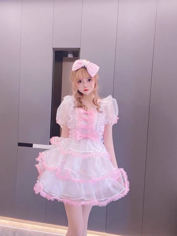 アイドル衣装 ピンク×黒 編み上げリボン オリジナル ハンドメイド