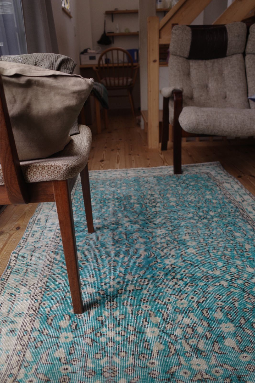 トルコ ヴィンテージラグ 973 ターコイズブルー グリーン オーバーダイ