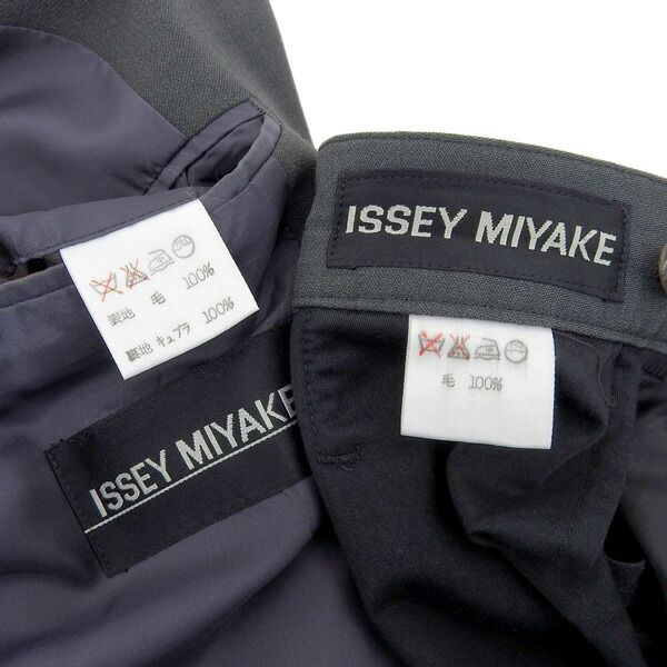 イッセイミヤケ ISSEY MIYAKE 90's ヴィンテージ セットアップ ウール バンドカラー スーツ メンズ チャコールグレー sizeXL [Y03001]