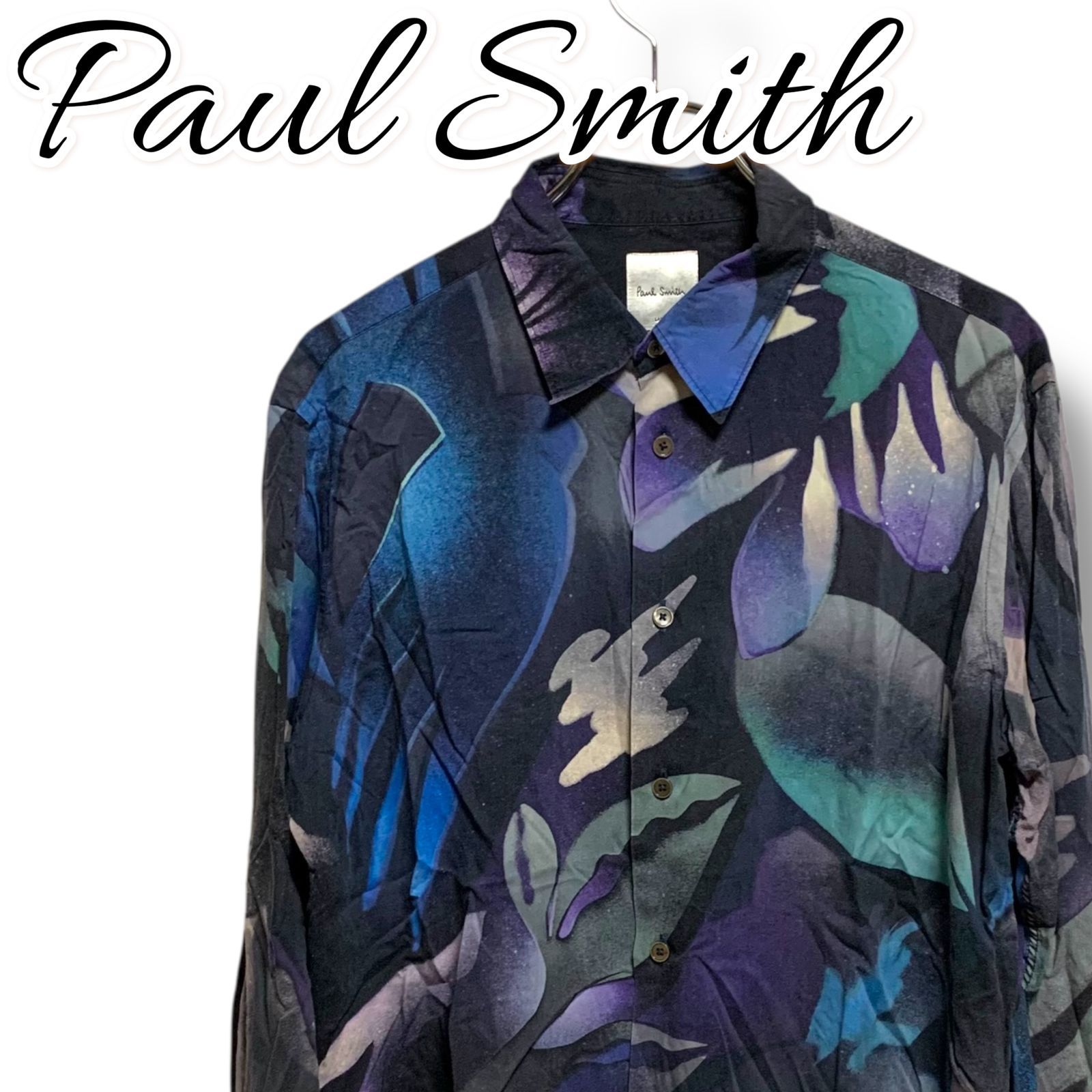 Paul Smith ポールスミス ブルー系 ボタニカル柄 長袖シャツ シルク メンズ 日本製 LARGE Lサイズ 上質素材 総柄 アート プリント カジュアル 001003H